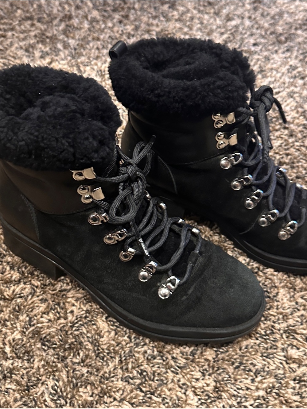 Marc Fisher Black Shearling Collar Lace-Up Ankle Boots